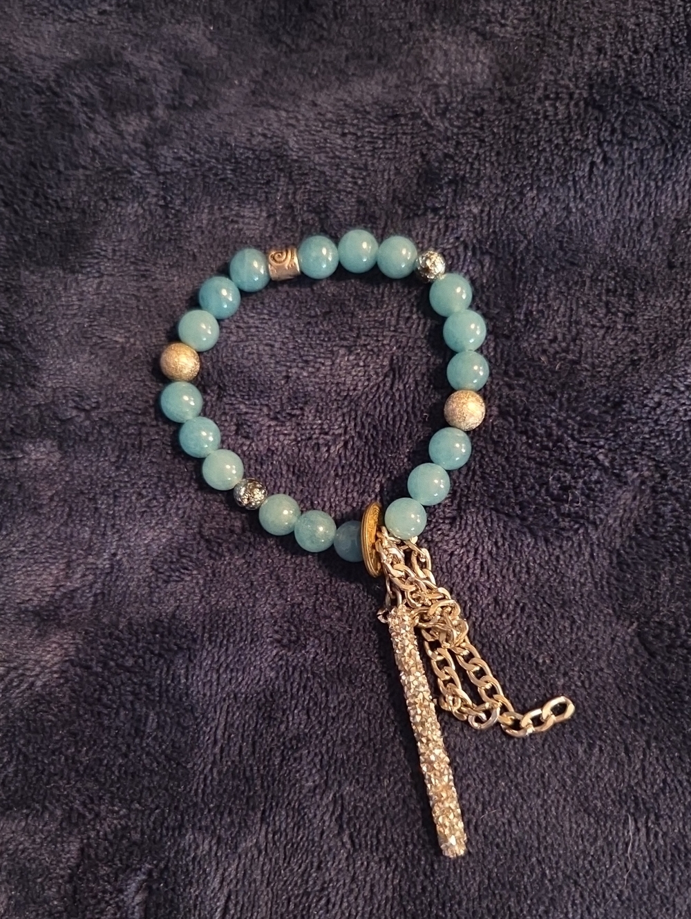 Gold Accent Aqua Bead Bracelet with Crystal Bar Charm